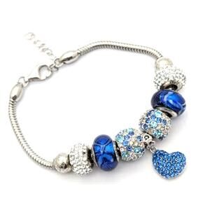 Sterling Silver Fiora Italy Charm Bracelet Blue White Rhinestone Glass 8.5 inch